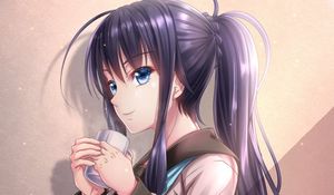 Preview wallpaper girl, ponytails, mug, anime, art