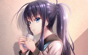 Preview wallpaper girl, ponytails, mug, anime, art