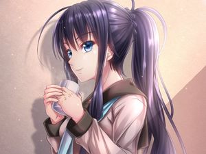 Preview wallpaper girl, ponytails, mug, anime, art