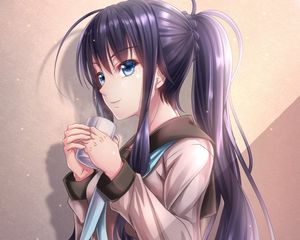 Preview wallpaper girl, ponytails, mug, anime, art