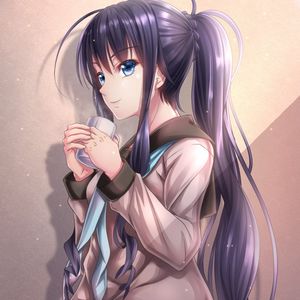 Preview wallpaper girl, ponytails, mug, anime, art
