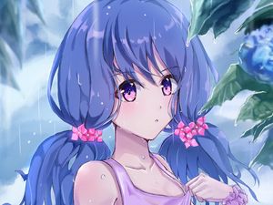 Preview wallpaper girl, ponytails, rain, drops, anime