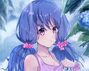 Preview wallpaper girl, ponytails, rain, drops, anime