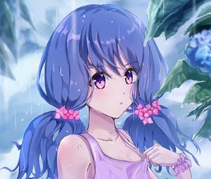 Preview wallpaper girl, ponytails, rain, drops, anime