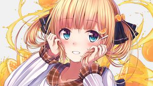 Preview wallpaper girl, ponytails, smile, dress, anime, yellow