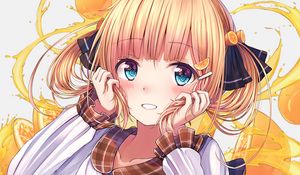 Preview wallpaper girl, ponytails, smile, dress, anime, yellow