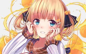 Preview wallpaper girl, ponytails, smile, dress, anime, yellow