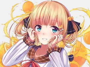 Preview wallpaper girl, ponytails, smile, dress, anime, yellow