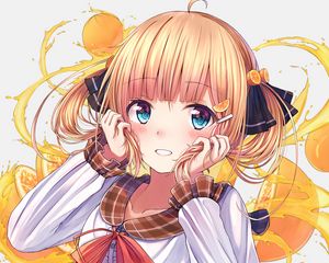 Preview wallpaper girl, ponytails, smile, dress, anime, yellow