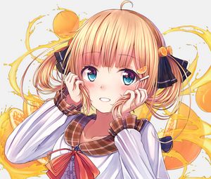 Preview wallpaper girl, ponytails, smile, dress, anime, yellow