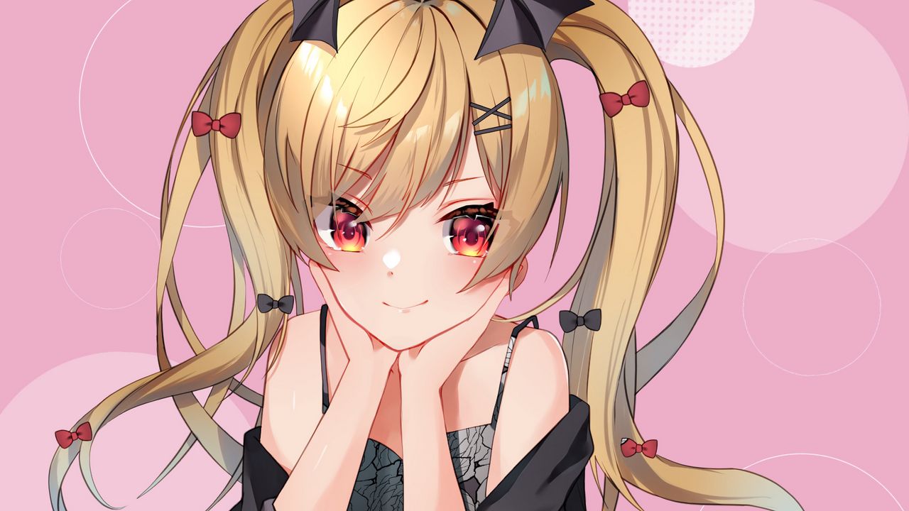 Wallpaper girl, ponytails, smile, anime, art, pink