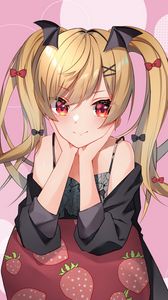 Preview wallpaper girl, ponytails, smile, anime, art, pink