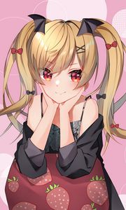 Preview wallpaper girl, ponytails, smile, anime, art, pink