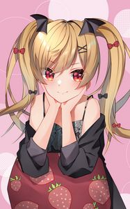 Preview wallpaper girl, ponytails, smile, anime, art, pink