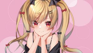 Preview wallpaper girl, ponytails, smile, anime, art, pink