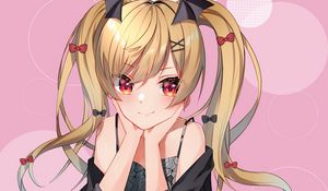 Preview wallpaper girl, ponytails, smile, anime, art, pink