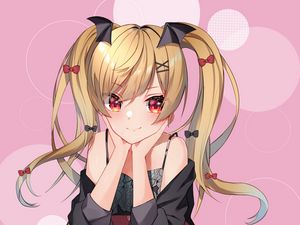 Preview wallpaper girl, ponytails, smile, anime, art, pink