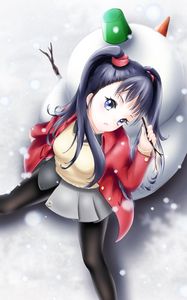 Preview wallpaper girl, ponytails, snowman, winter, anime