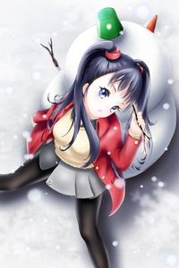 Preview wallpaper girl, ponytails, snowman, winter, anime