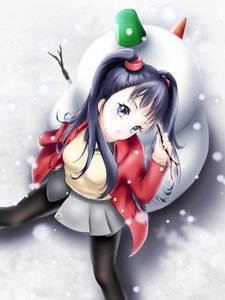 Preview wallpaper girl, ponytails, snowman, winter, anime