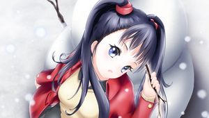 Preview wallpaper girl, ponytails, snowman, winter, anime