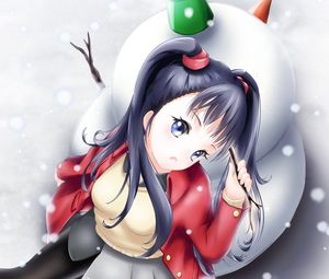 Preview wallpaper girl, ponytails, snowman, winter, anime
