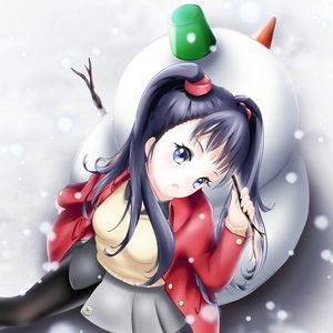 Preview wallpaper girl, ponytails, snowman, winter, anime