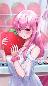 Preview wallpaper girl, ponytails, strawberry, anime