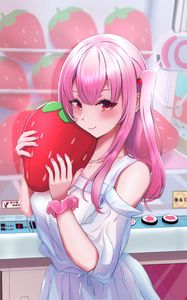 Preview wallpaper girl, ponytails, strawberry, anime