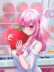 Preview wallpaper girl, ponytails, strawberry, anime