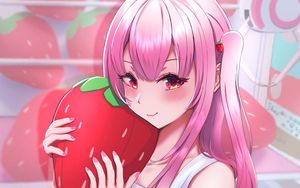 Preview wallpaper girl, ponytails, strawberry, anime