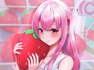 Preview wallpaper girl, ponytails, strawberry, anime