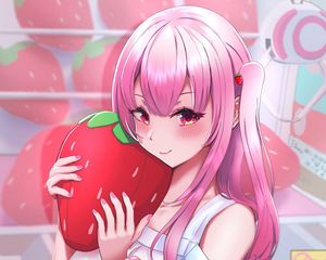 Preview wallpaper girl, ponytails, strawberry, anime