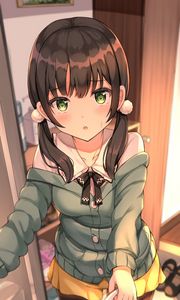 Preview wallpaper girl, ponytails, sweater, anime