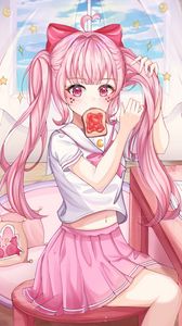 Preview wallpaper girl, ponytails, toast, anime, art, pink