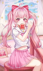 Preview wallpaper girl, ponytails, toast, anime, art, pink