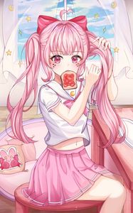 Preview wallpaper girl, ponytails, toast, anime, art, pink