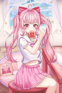 Preview wallpaper girl, ponytails, toast, anime, art, pink