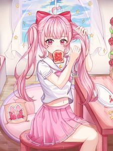 Preview wallpaper girl, ponytails, toast, anime, art, pink