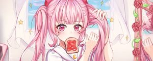 Preview wallpaper girl, ponytails, toast, anime, art, pink