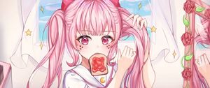 Preview wallpaper girl, ponytails, toast, anime, art, pink