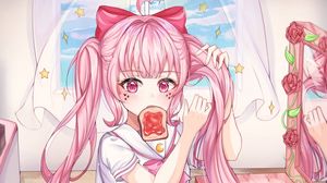 Preview wallpaper girl, ponytails, toast, anime, art, pink