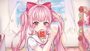 Preview wallpaper girl, ponytails, toast, anime, art, pink