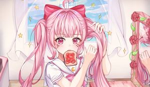 Preview wallpaper girl, ponytails, toast, anime, art, pink