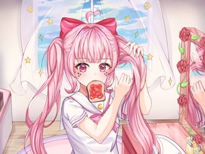 Preview wallpaper girl, ponytails, toast, anime, art, pink