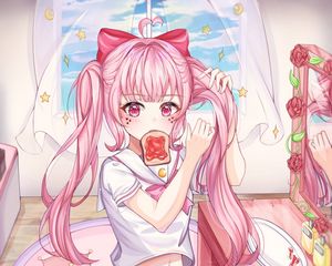 Preview wallpaper girl, ponytails, toast, anime, art, pink