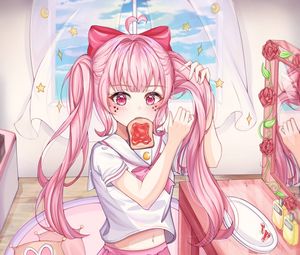 Preview wallpaper girl, ponytails, toast, anime, art, pink