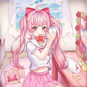 Preview wallpaper girl, ponytails, toast, anime, art, pink