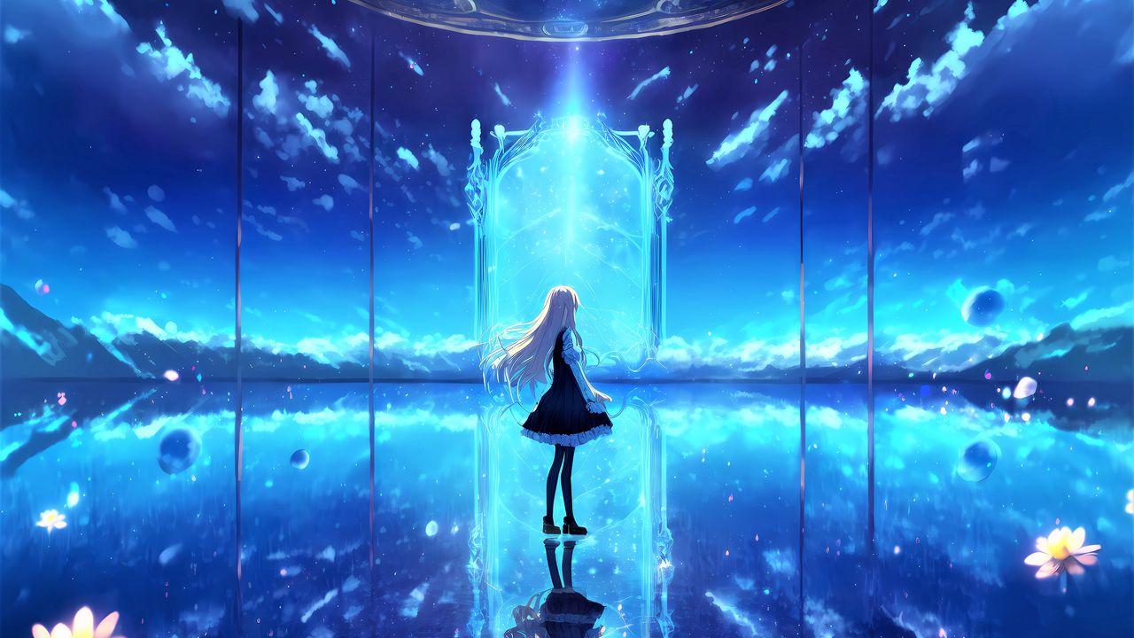 Wallpaper girl, portal, reflection, glow, blue, anime