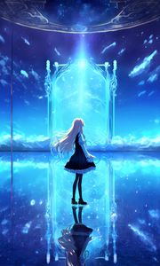 Preview wallpaper girl, portal, reflection, glow, blue, anime